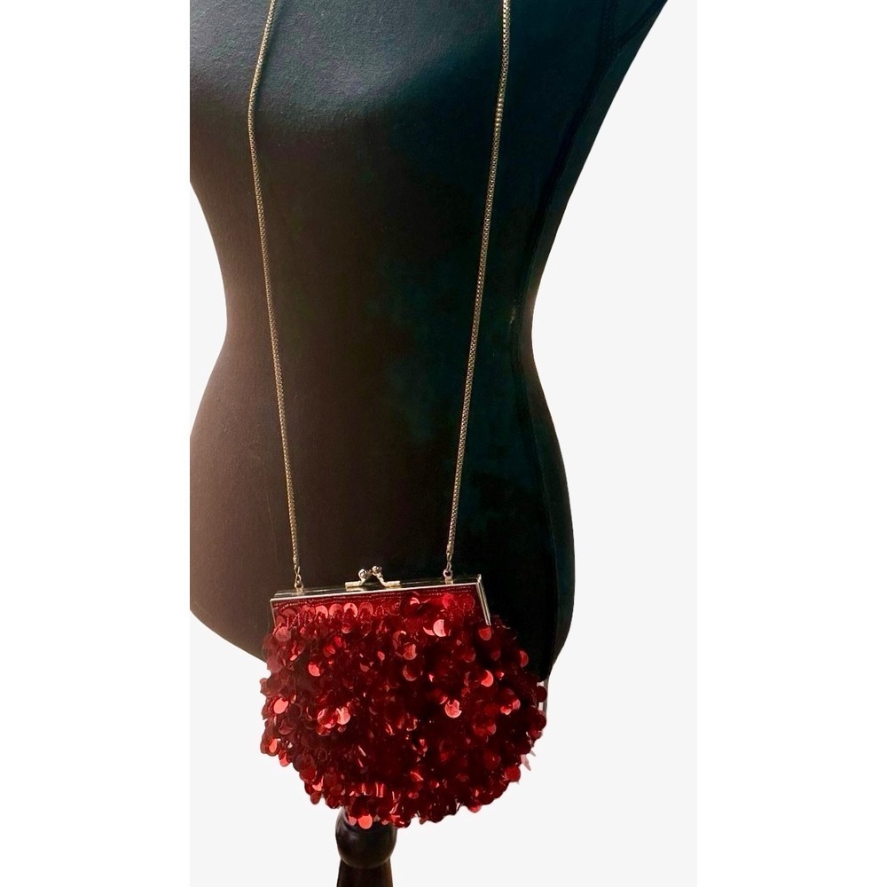 Delill Red Sequin Beaded Evening Bag Clutch Gold Chain Vintage Y2K‎ Party